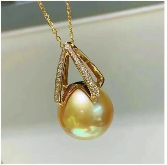 

Brand New Gorgeous AAA 11-12mm South China Sea Round Gold Pearl Pendant Necklace 18 "925