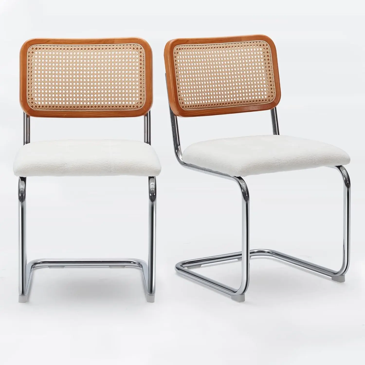 Kitchen Dining Chairs Set Of 2,Mid- Modern Chair Armless Mesh Backrest Cane Rattan Chairs For Home Dining Room(White,Velvet)