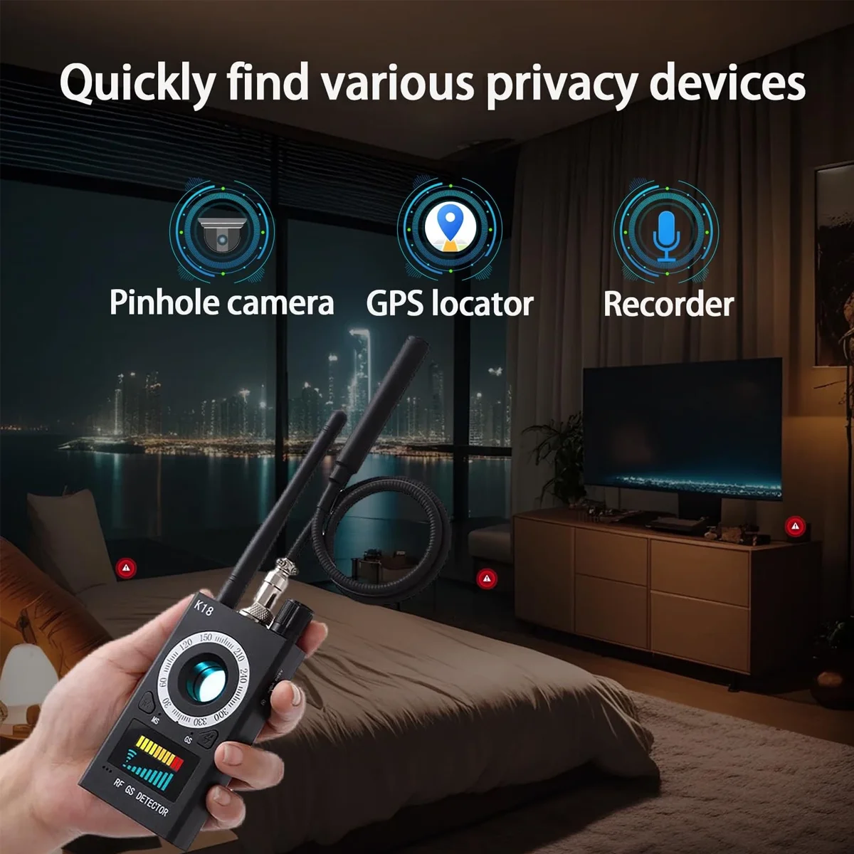 K18 Anti Spy Detector RF GS Signal Finder for Hidden Camera GPS Tracker with Magnetic Probe and Laser Light Assistance
