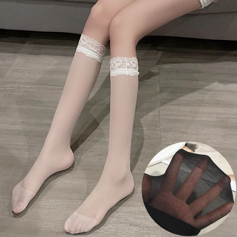 2024 New Women Sexy Ultra-thin Transparent Sheer Knee High Socks Nylon Floral Lace Trim Calf Socks JK Style Mesh Knee High Sock