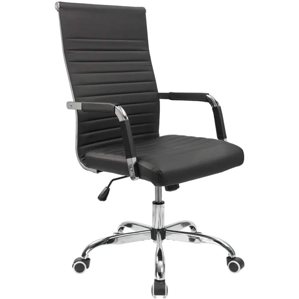 

Ribbed Office Desk Chair Mid-Back PU Leather Executive Conference Task Chair Adjustable Swivel Chair with Arms (Black)