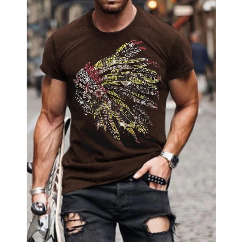 Fashion Men\'s Clothing Oversized Tee y2k Indian Rhinestone Designer Short Sleeve Tops Hip Hop Casual Street t-shirt High Quality