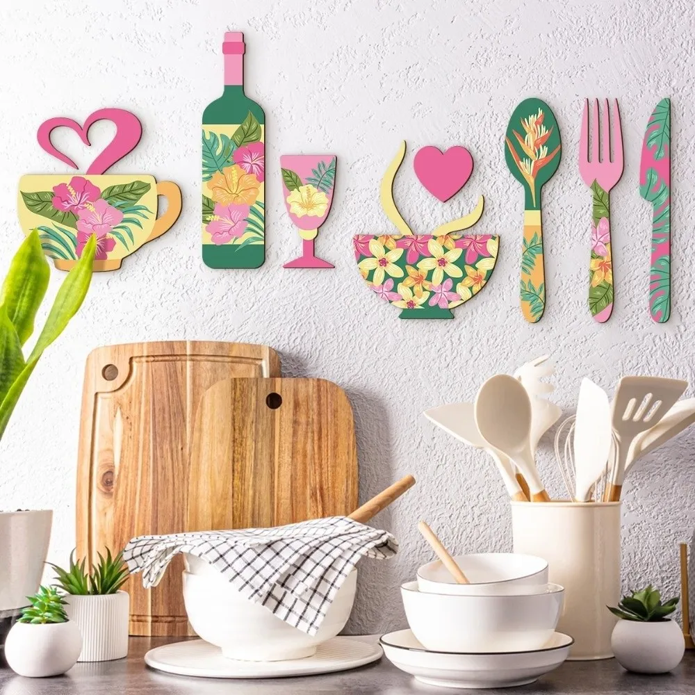 8PCS/SET Retro Wooden Wall Sticker Ornaments Pastoral Style Fork Floral Coffee Element Wall Plaques Tableware Design Coffee Cup