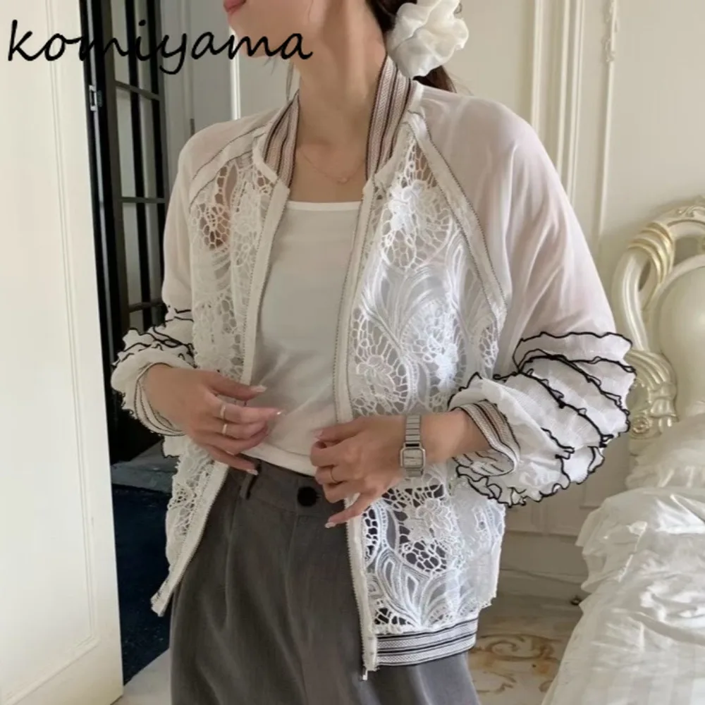 

Lace Spliced Casaco Hollow Out Chaquetas De Mujer Long Sleeve Zip Jaqueta Feminina Woman 2025 Jacket New Fashion Outerwears