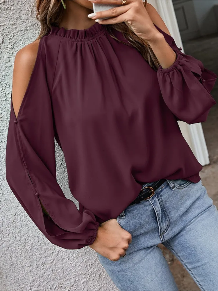 Sexy Off Shoulder Women\'s Blouse 2023 Spring Autumn Long Sleeve Casual Loose Shirt Black Green Tops Office Ladies Blouses