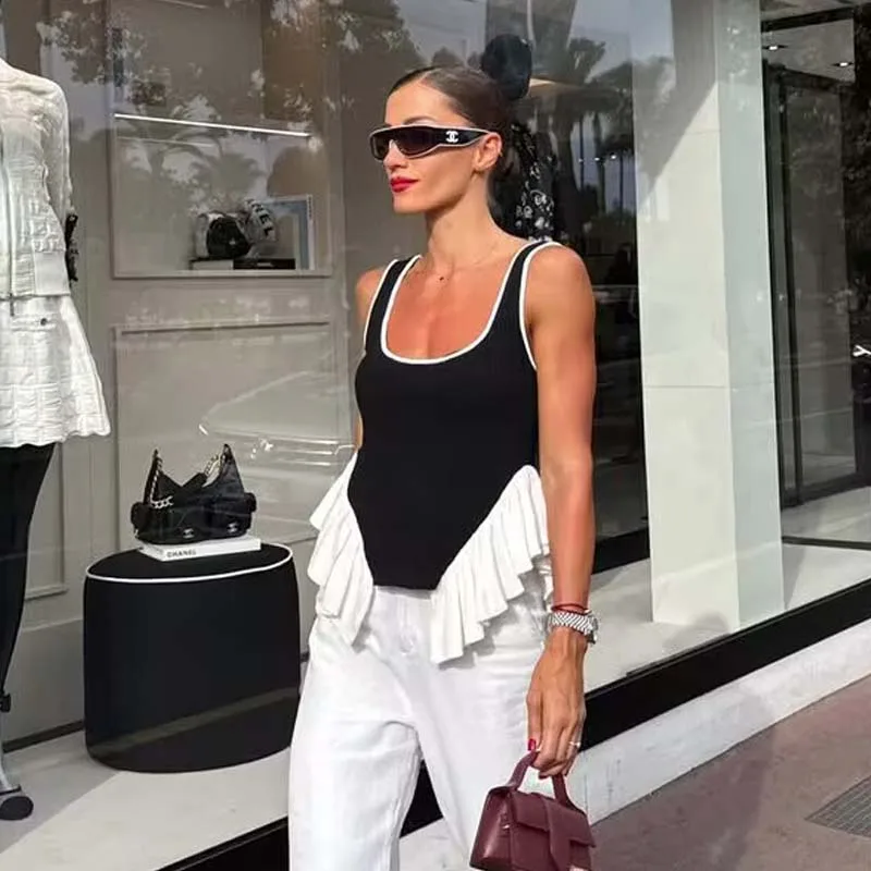 YENKYE New 2025 Women Round Neck Sleeveless Contrast Knit Tank Top Ruffle Hem Black White Summer Tops Streetwear