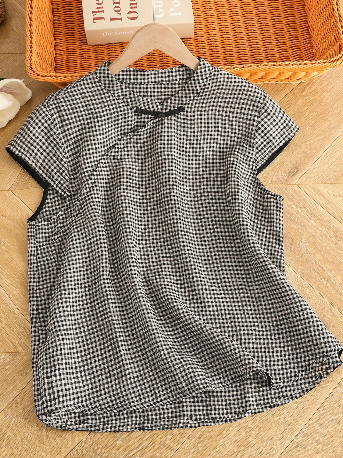 

Новый китайский хлопок и лен irt для женщин Summer ort Sve Plaid irt Retro Flax Top Stand Collar Small irt Button Design