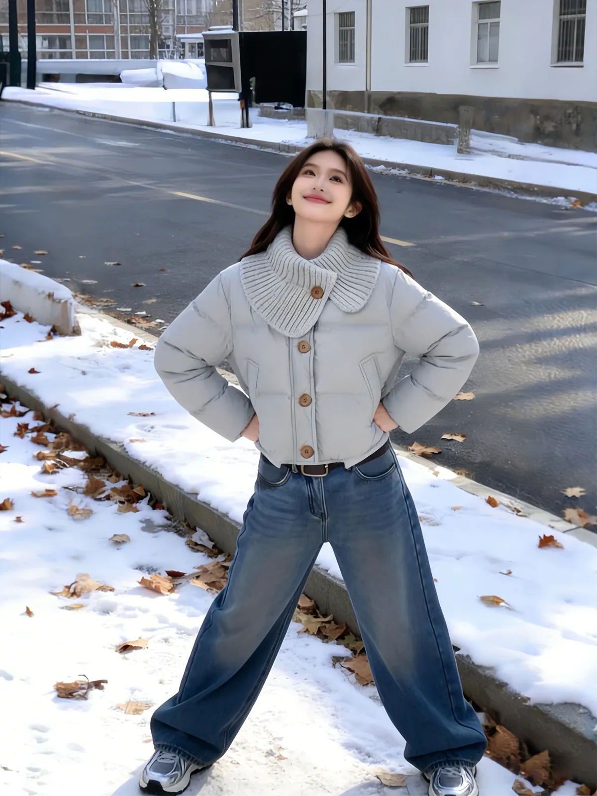 

High Waist Fce Lined Casual Wide Leg Jeans Women's Winter Loose Fit Long Trousers Trendy Floor Length Pants