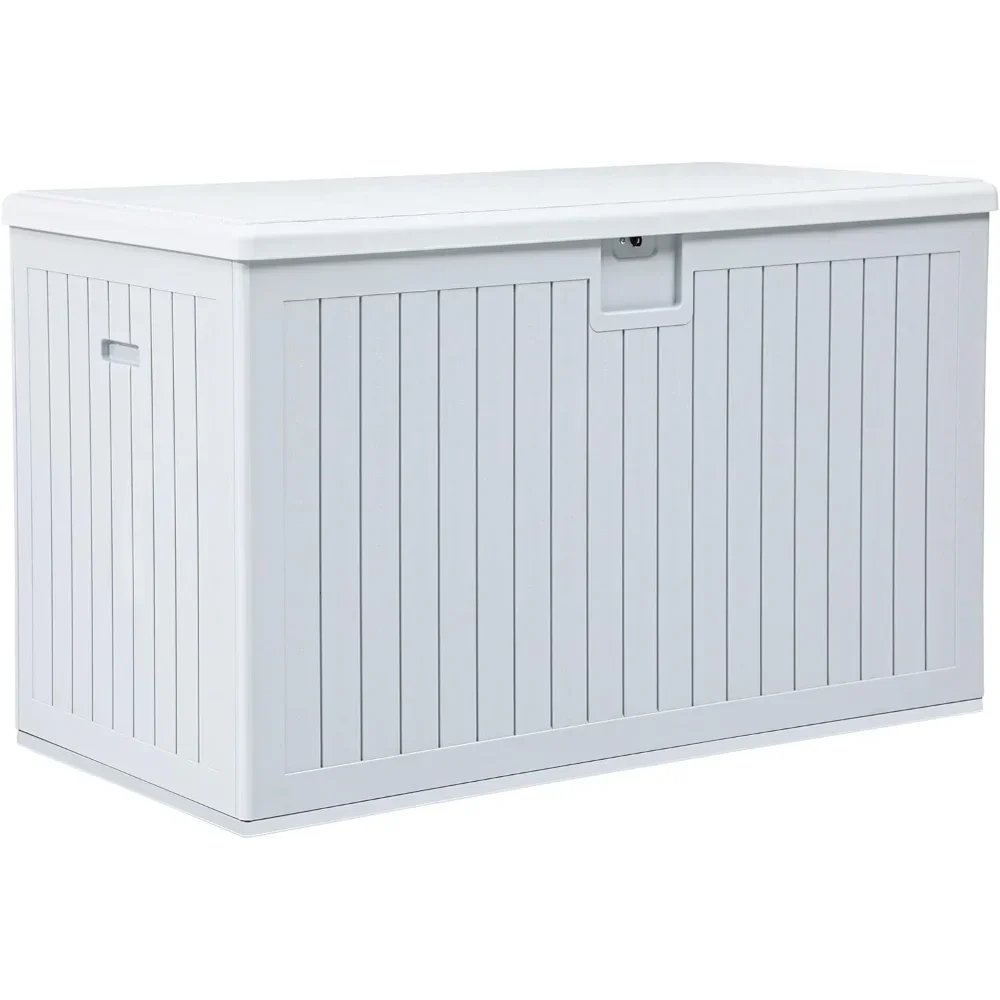 230 Gallon Large Deck Box,Outdoor Storage ,Garden Tools and Pool Toys with Flexible Divider,Waterproof,Lockable (Grayish-White)