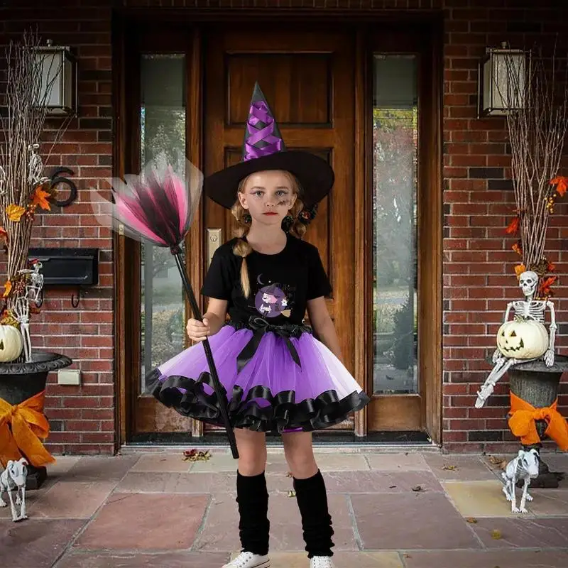 Halloween Witch Costumes Tulle Skirt Halloween Dress with Witch Hat Witch Broom Prop and Halloween Tutu Skirt 3pcs Set for party