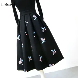 Autumn Winter Fashion Trend Bow Embroidery High Waist Skirt Women's Clothing Temperament High Waist Pleated Skirts for Female