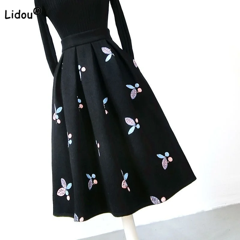 Autumn Winter Fashion Trend Bow Embroidery High Waist Skirt Women's Clothing Temperament High Waist Pleated Skirts for Female