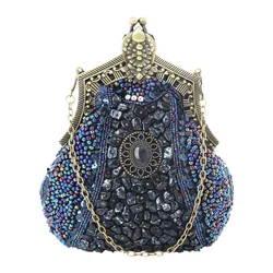 Retro Fashion Pearl Sequin Beaded Clutches Handbag for Women Vintage Antique Gold Color Chain Shoulder Bag Party Evening Bags