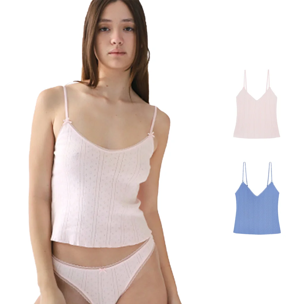 Cou Lace Trim Camisole Pure Cotton Jacquard Slim Fit Short Top V-Neck Adjustable Spaghetti Straps Bowknot Short Layering Undershirt Hollow Out Jacquard Camisole