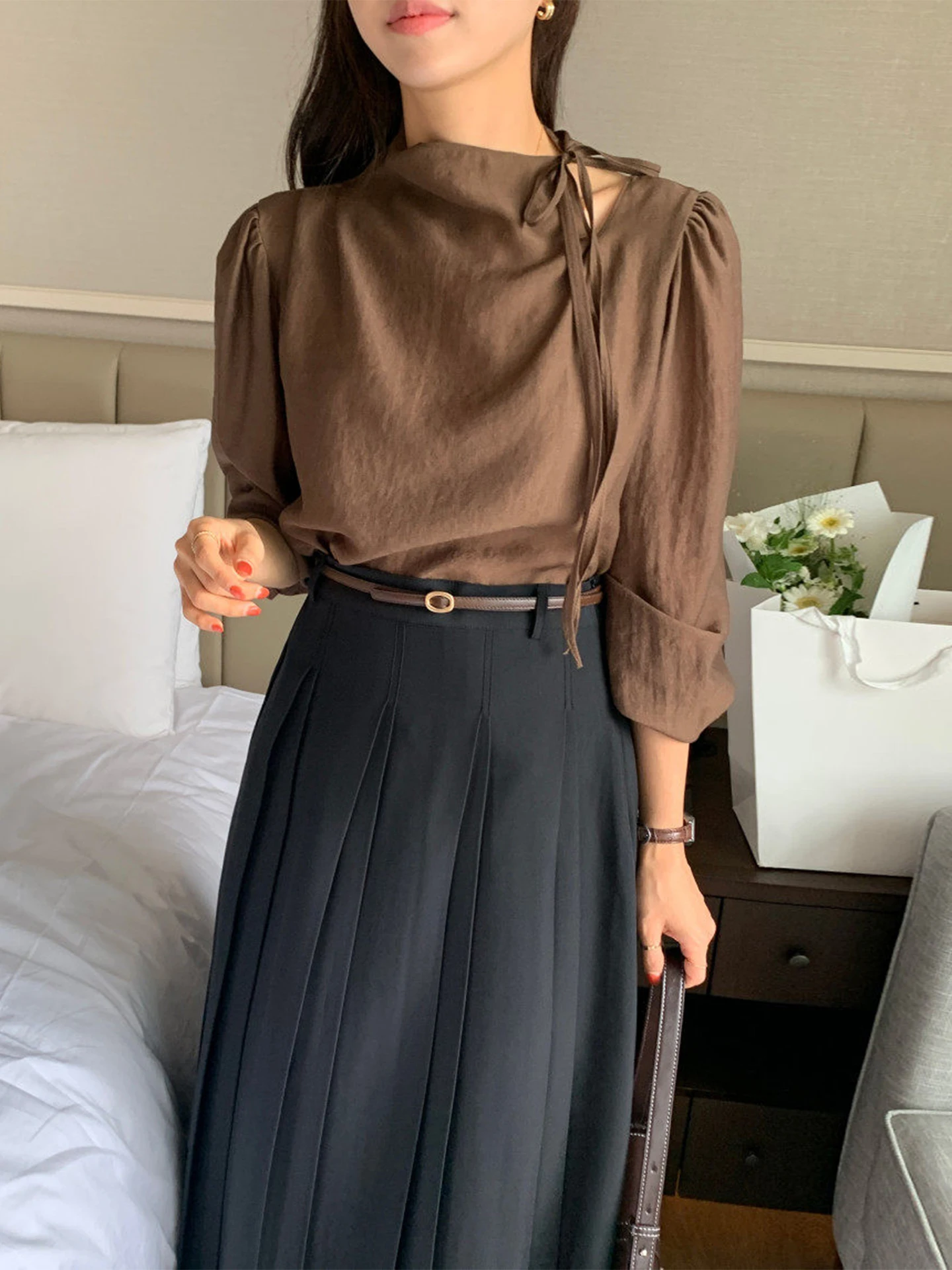 

Ele Hollow out oulder Design irt Женский свободный универсальный тонкий длинный све-топ в Корейском стиле для поездок на работу