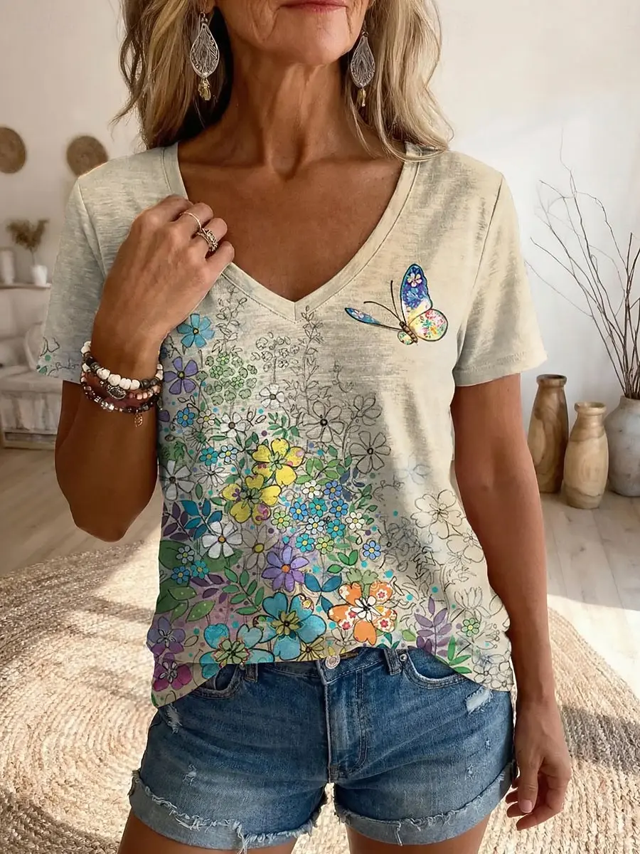 3D-Schmetterlingsdruck Damen T-Shirts Mode Locker Sitzender V-Ausschnitt Kurzarm-Shirts Sommer Lässige Damen-Oberteile Blumenmuster Damenbekleidung