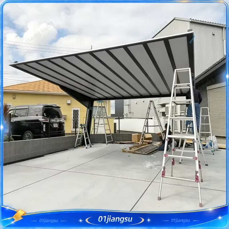 Aluminum Pergola Carport Double Garage Waterproof Louvered Roof LED Light Outdoor Parking Shelter Heavy Duty Metal Canopy