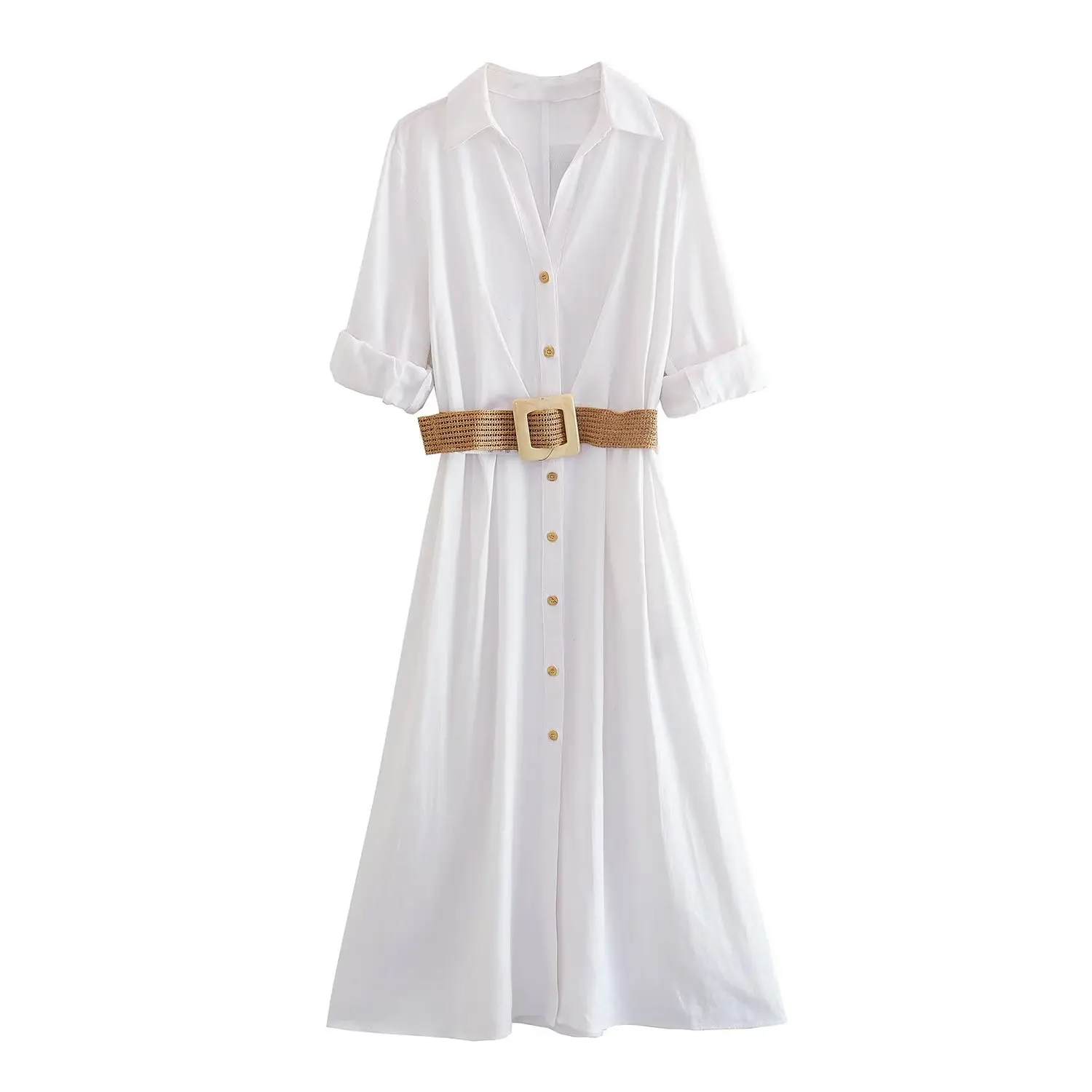 

Maxdutti British Fashion Ladies Midi Dress Women Commuter Casual White Dress With Belt White Elegant Office Casual