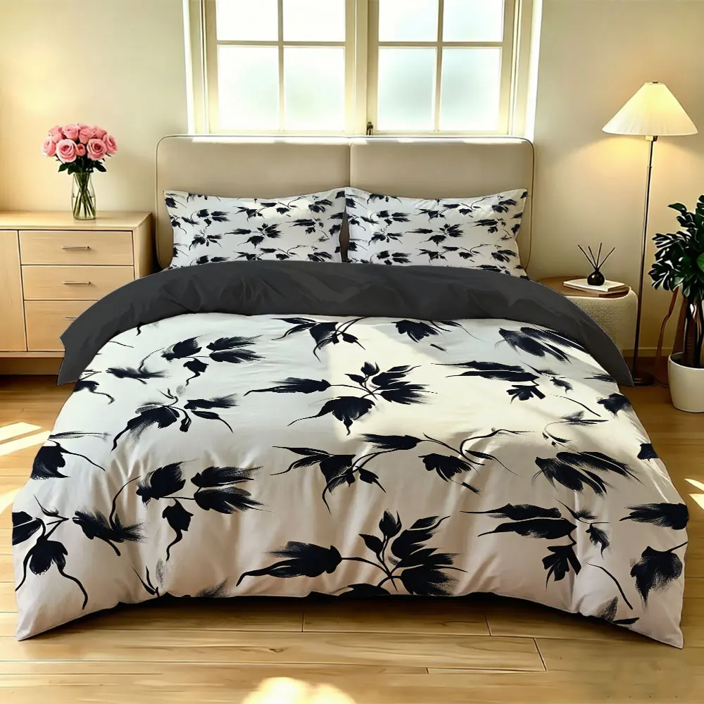 3pcs ink and wash-style branch and leaf bedding set, without a core, featuring soft bedding items