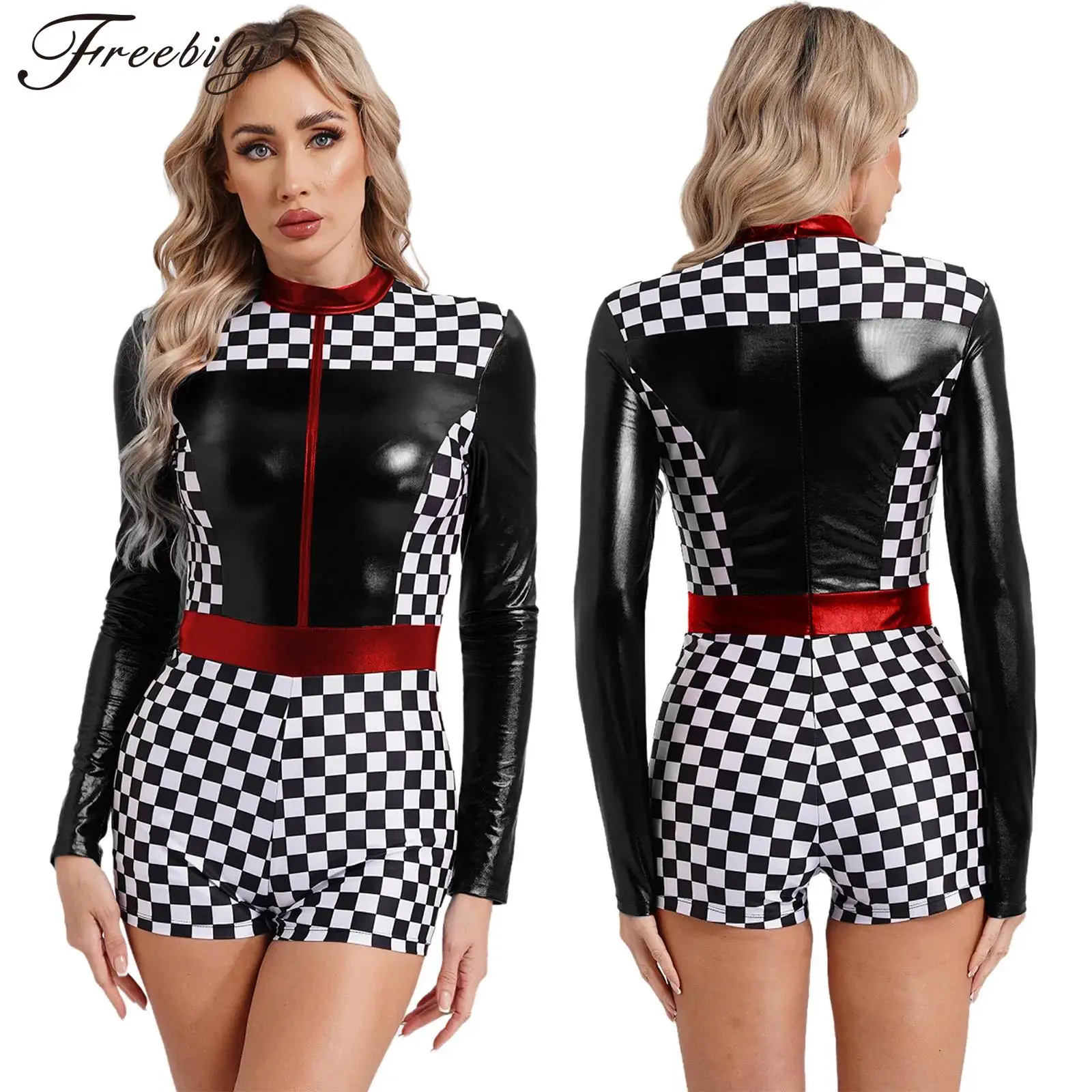 Women Halloween Carnival Racer Cosplay Bodysuit Long Sleeve Checkerboard Print Driver Jumpsuit Cheerleading Uniform Clubwear