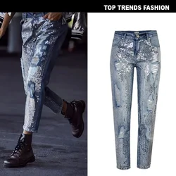 Dames losse denim cropped broek met rechte pijpen, populaire metallic geborduurde sequencing, gewassen voor jeans met gaten in noodlijdende gaten