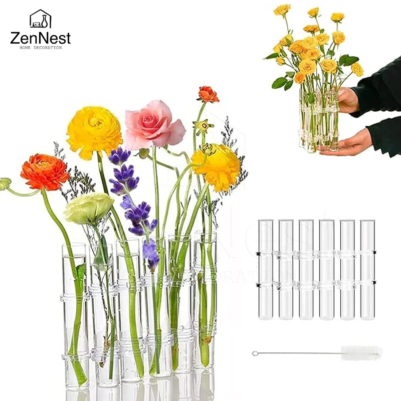 Test Tube Vase Transparent Glass Hinged Vase Hydroponics Combination Flower Appliance Living Room Office Home Decoration