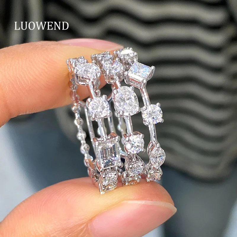 LUOWEND 100% 18K White Gold Rings Luxury Fashion Style Real Natural Diamond Cocktail Ring for Women Wedding High Party Jewelry