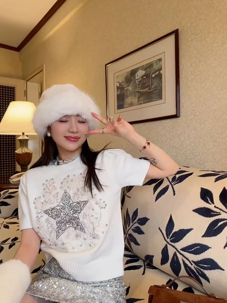 

Luxury Diamonds Embroidery Star Knitted T-shirt Women's Short Sleeve Tops Summer Short Sleeve Sweater Pullover Sweet White Pink