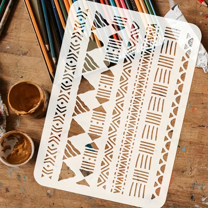 1PC Mudcloth Stencil for Painting Reusable African Tribal Boho Geometric Border for Wall Wood Fabric Furniture DIY Decor