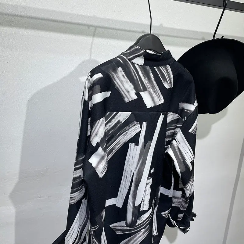 Designer Trendy Men's Irregular Pattern Print Stand Collar Shirt Popular Chinese Style Casual Retro Top