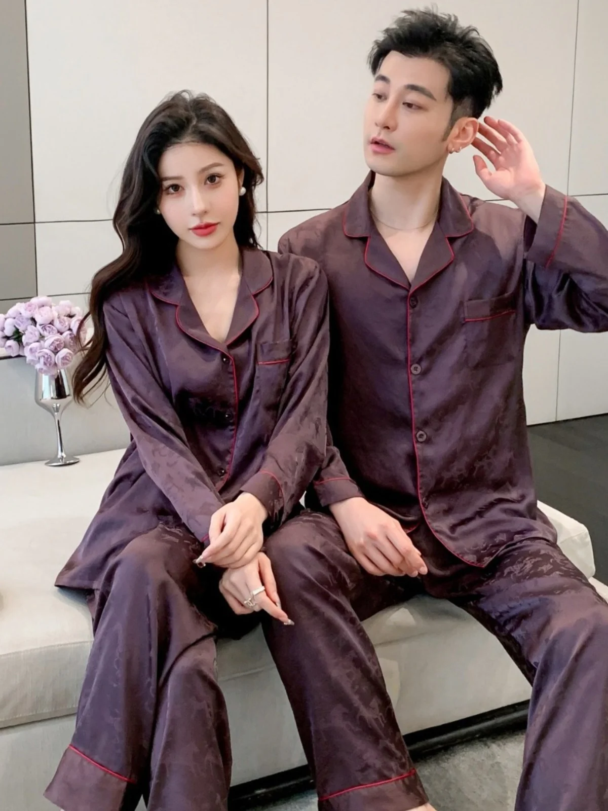 カップル寝間着-レディース新作2025-アイスシルク-長袖-カジュアル-高級-快適-ホームウェアセット-外でも着用可能