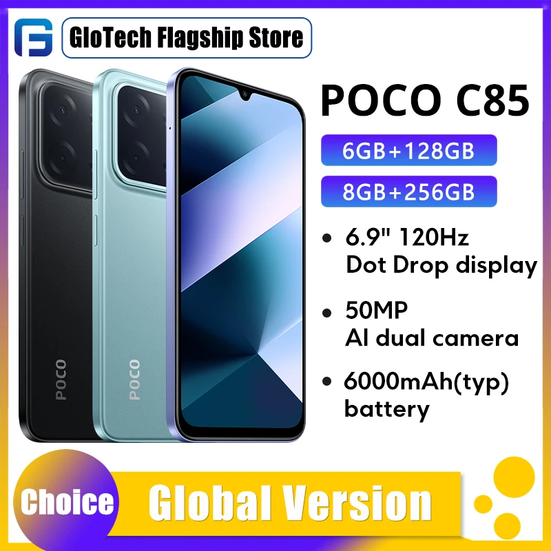 Смартфон POCO C85 Global Version С 6,9-дюймовым Экраном Dot Drop, Аккумулятором 6000 мАч, 50-мегапиксельной Камерой