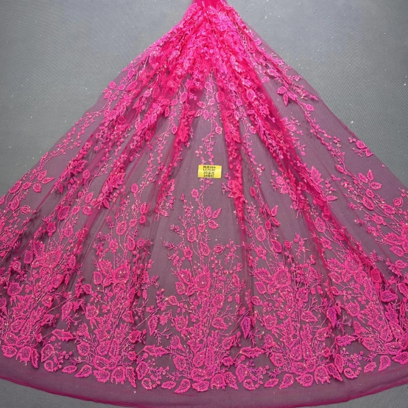 

5 ярдов розово-красной модной африканской блестящей ткани с вышивкой, сетчатое кружево с клееными блестками и пайетками, тюль с золотым напылением для свадеб и вечеринок