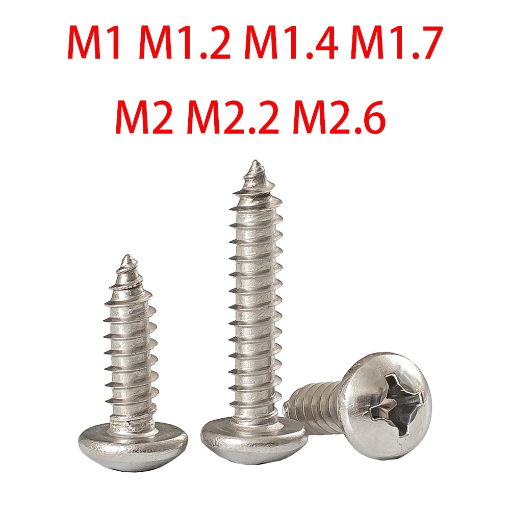 M1 M1.2 M1.4M1.7 M2 M2.2M2.6 304 Stainless Steel Cross Phillips Pan Round Button Head Self tapping Wood Screws Craft DIY Fixings