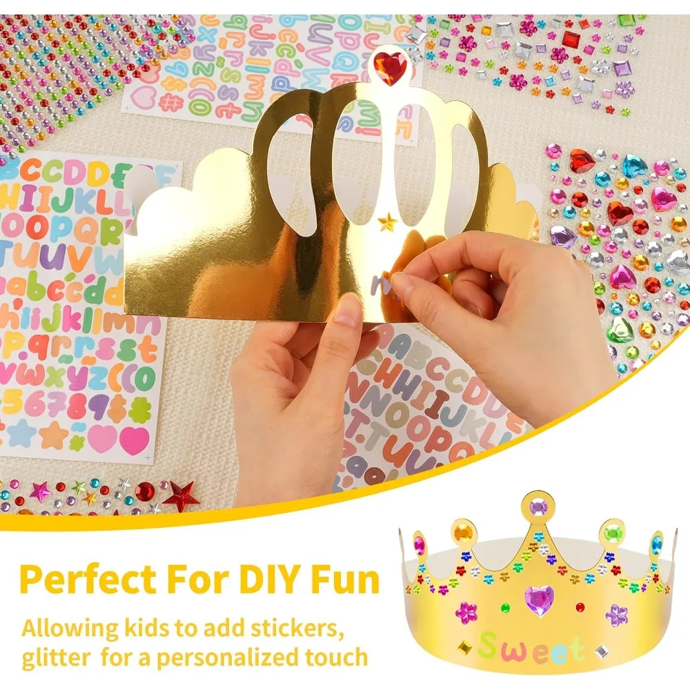 Kids King Princess Paper Crowns 15 Pieces Gold Tone, Comes with Gem Alphabet Number Stickers, DIY Accessory for Birthday, Classroom Craft and Party Decoration view 5