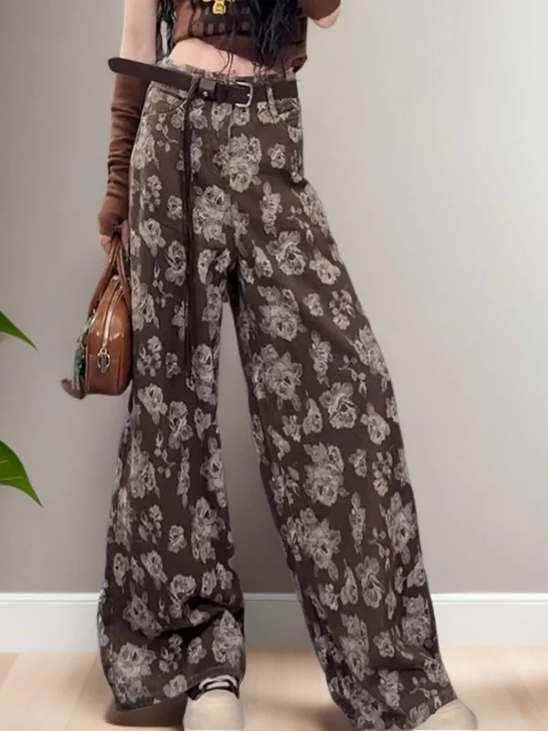 

Модные широкие джинсовые джинсы, женские прямые брюки длиной до пола с индивидуальным принтом, повседневные брюки с высокой талией и цветочным принтом