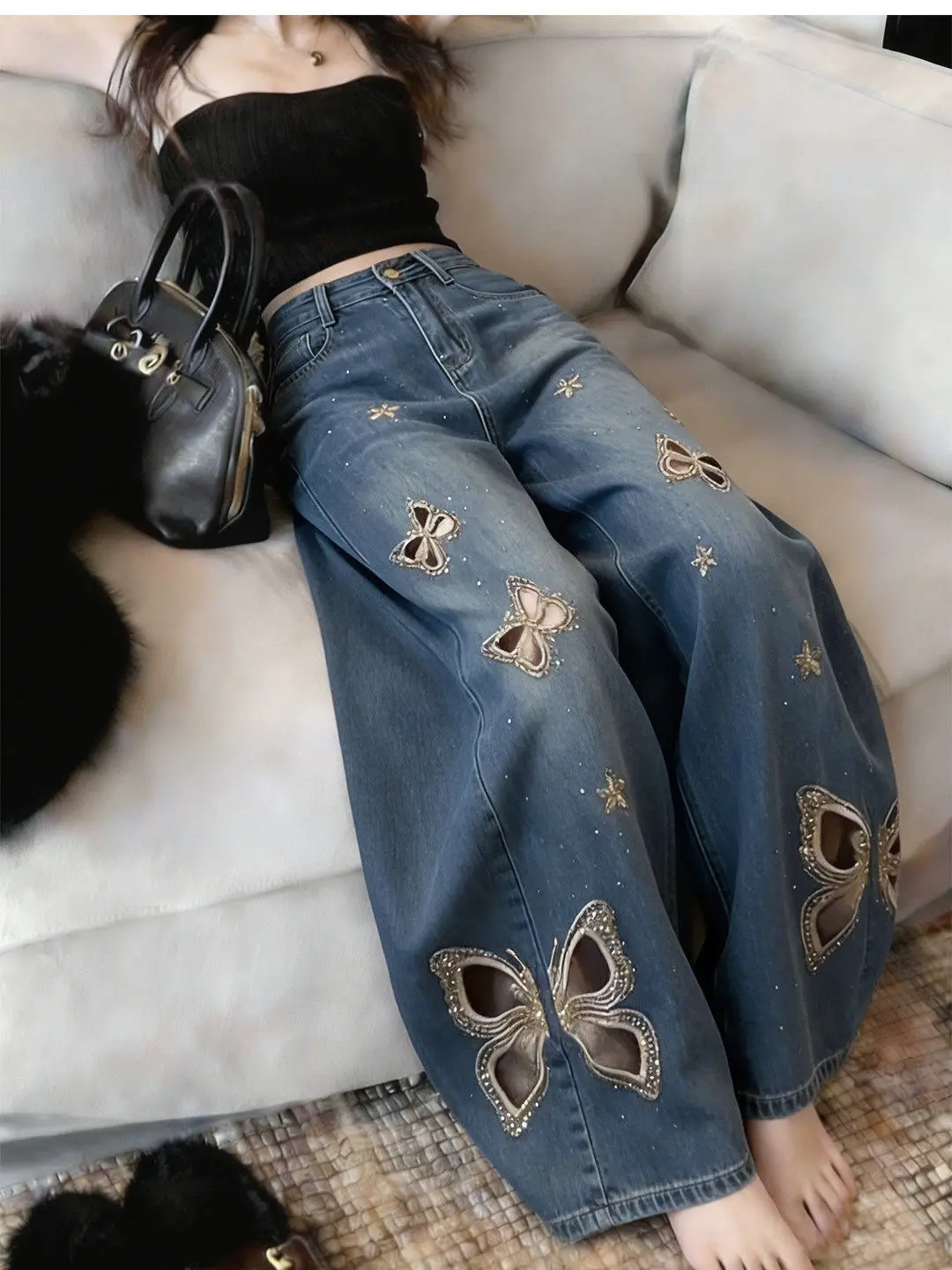Women's Hollow  Rhinestone Denim Pants High Waist Straight Leg Loose Fit Slimming Casual Jeans Comfortable Breathable