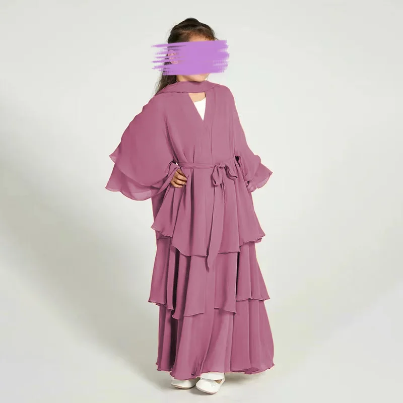 Children Front Open Abaya Chiffon 3 Layers Kids Abaya With Belt Islamic Little Girls Ramadan Clothing Muslim Solid Color Dresses