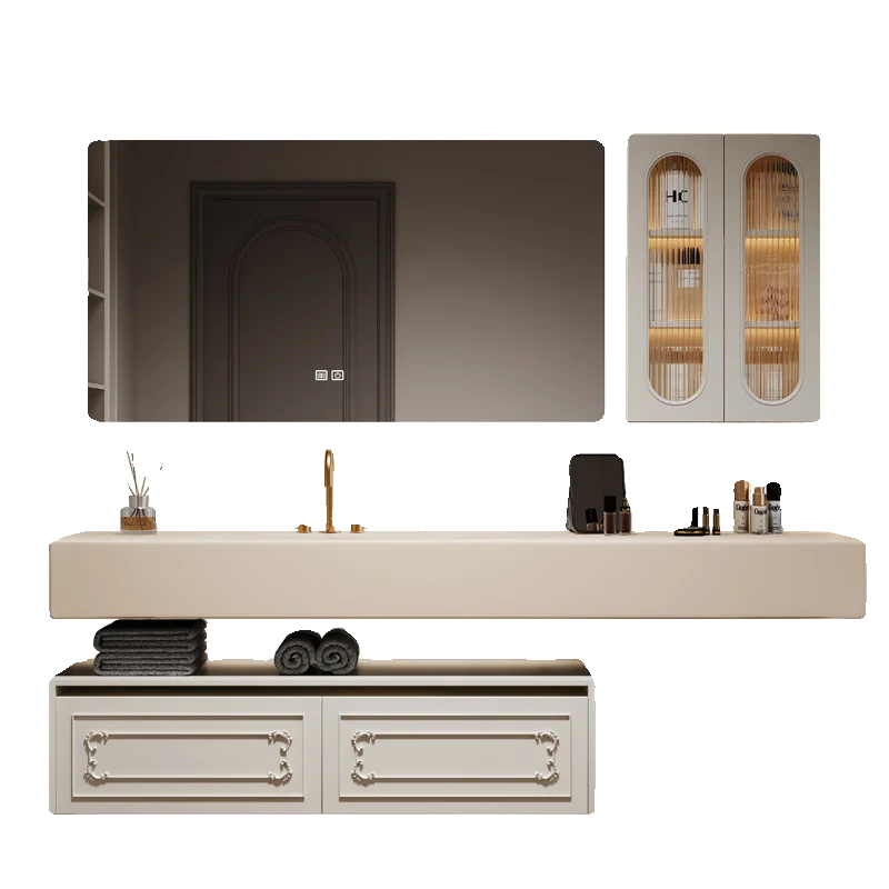 

Corian rock slab seamless hot bending integrated basin rubber wood paint smart bathroom cabinet