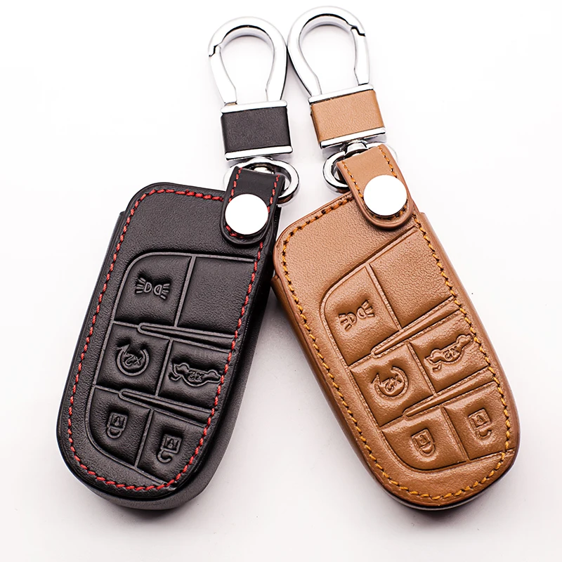 Genuine Leather Car Key Chain Case Cover For Jeep Patriot Grand Cherokee Dodge Journey Chrysler 300C Car Key Shell 5 buttons