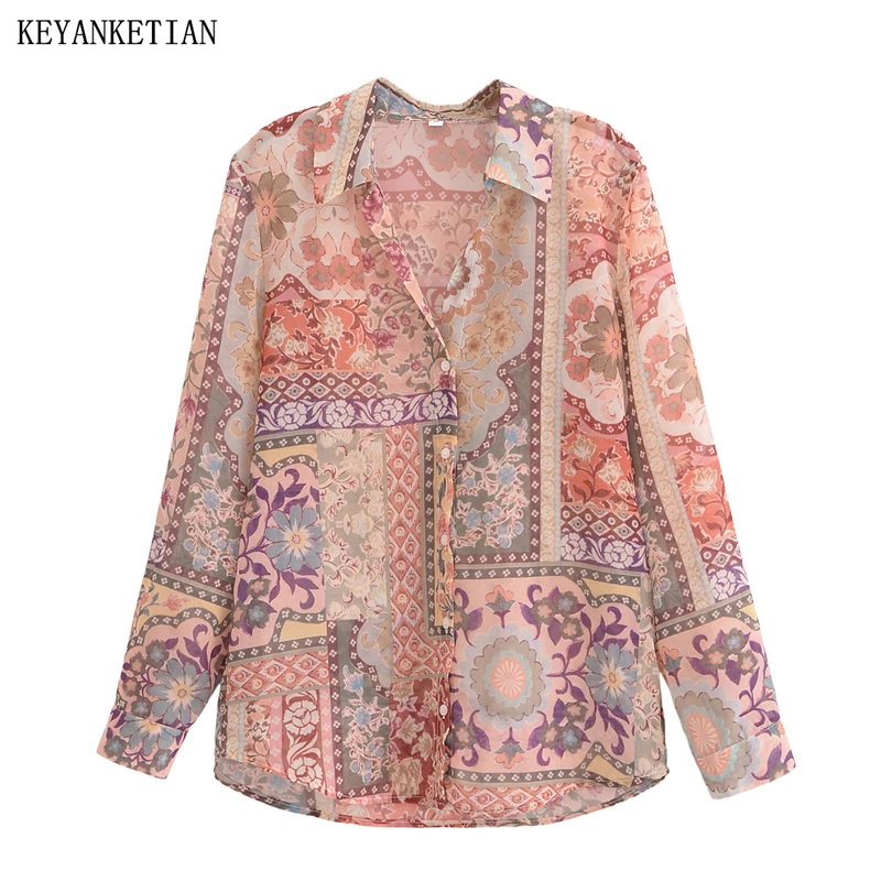

KEYANKETIAN 2026 Spring New Women's Retro-style print shirt Turn Down Collar Single Breasted Long Sleeve Thin Blouse Loose Top