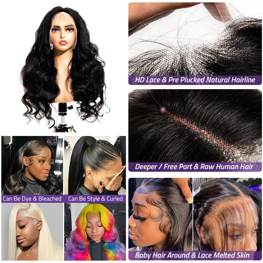 Perruque Lace Front Wig Body Wave Naturelle, Cheveux Humains, 5x5, 13x6, HD, Pré-Plumé, Prêt à vitation et à Utiliser, 360 de Densité, pour Femme