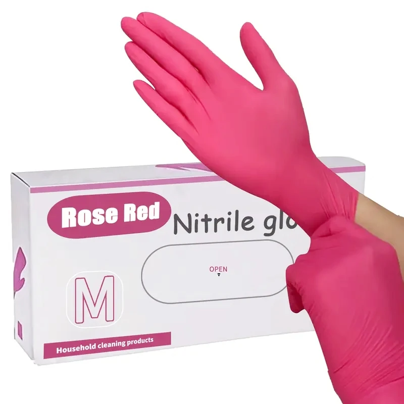 

100/20PCS Rose Red Nitrile Disposable Gloves Woman Girl Salon Beauty Tattoo Gloves Latex Powder Free Esthetician Cleaning Gloves