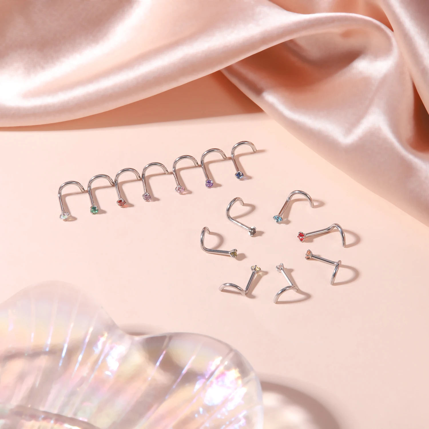 AOEDEJ 18/20G Gold Plated Nose Studs Jewelry Women Shiny Crystal Nostril Piercing Set Stainless Steel L Shape Nostril Piercings