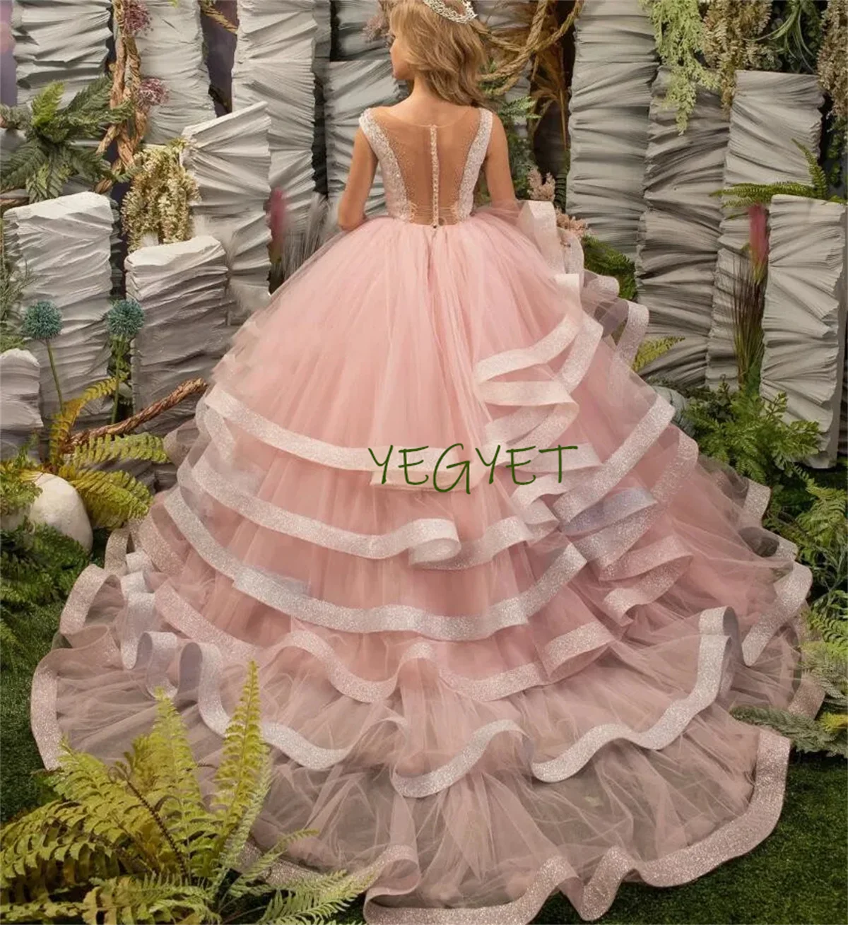 

Flower Girl Dresses for Wedding Pink Ruffles Puffy Tulle Floor Length Dress Formal Party Birthday Princess Ball Gowns