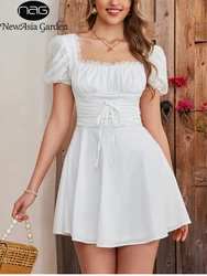 NewAsia Puff Sleeve Waist Tie Up Lace Mini Dress Backless Square Neck Ruched Casual Holiday Party Short Dresses Women Clothing