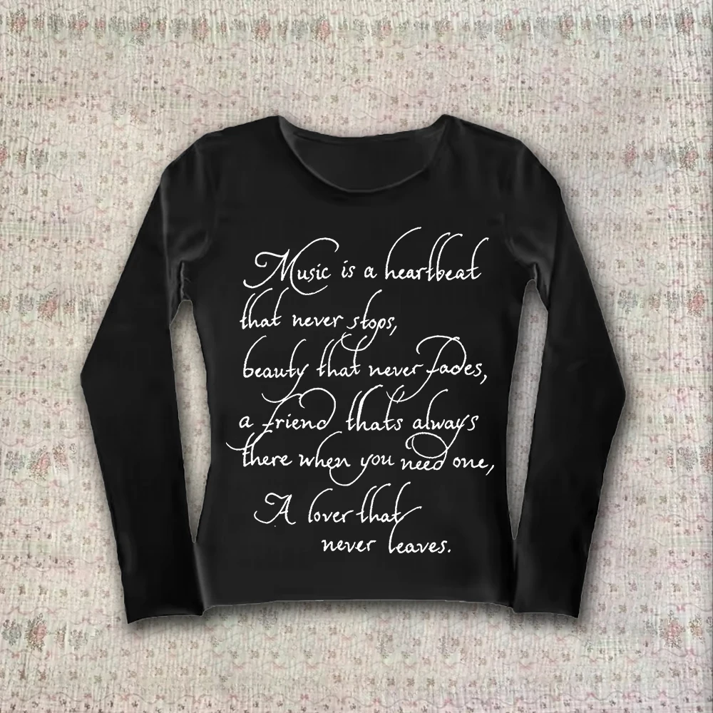 

Gothic letter long T-shirt round neck retro rock grunge punk Y2K top versatile slim urban casual Harajuku high street womens top