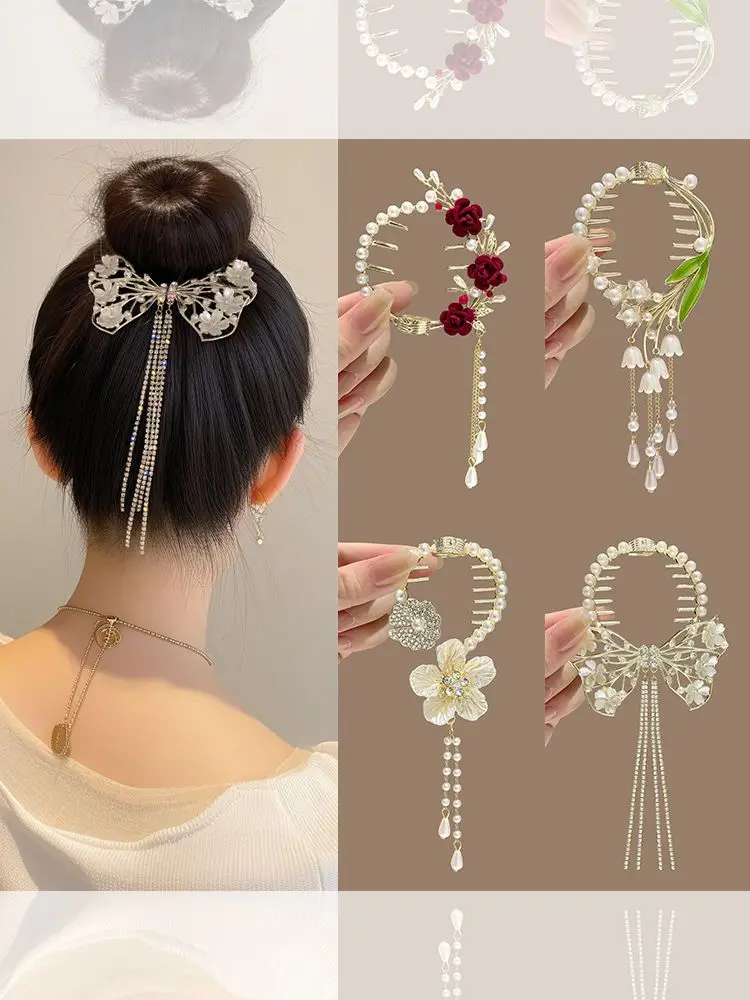 

Women Girls 2025 New Headwear Flower Pearls Tassels Female Hair Claw Decorate Party Ladies Hair Accessories Curling Clips