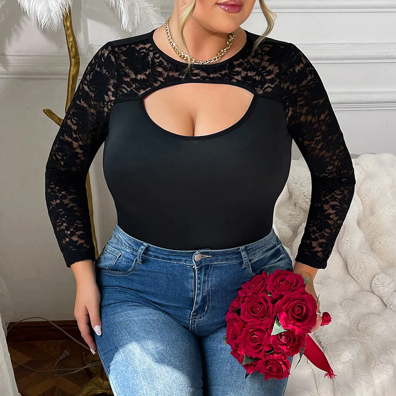 جديد كبير الحجم XL-4XL أسود ضيق المناسب الجسم المعانقة بذلة نمط الدانتيل المرقعة بأكمام طويلة قطعة واحدة تشكيل الملابس #2