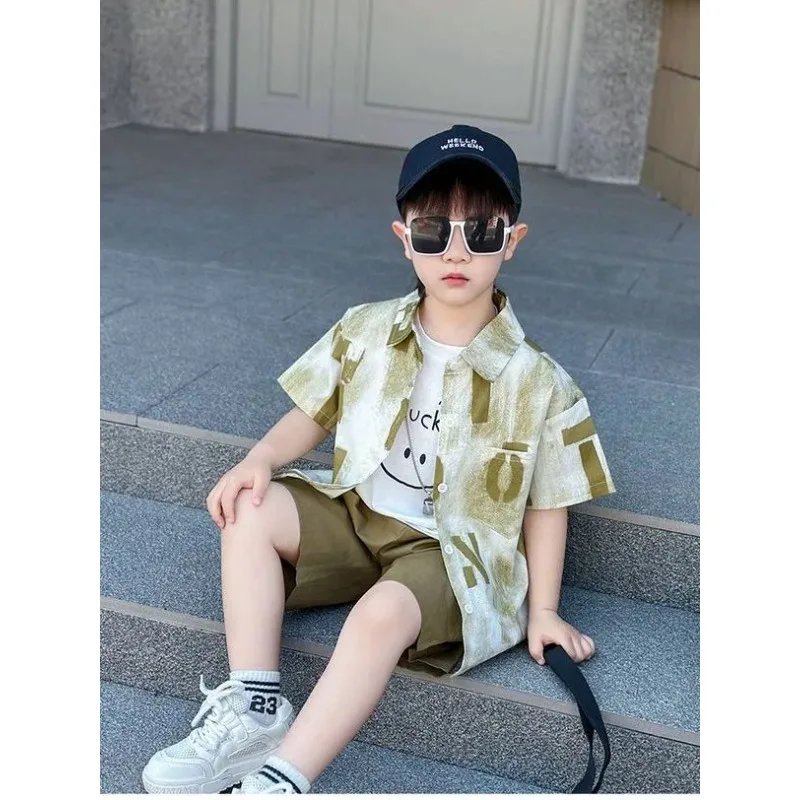 Boys Summer Letter Print Short Sleeve Shirt Cargo Shorts Set Kids Casual Outfit